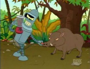 Bender trying to plug a blender into a boar.