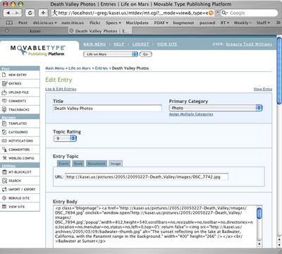 Screenshot of the Movable Type New Entry page with new fields for entry topics